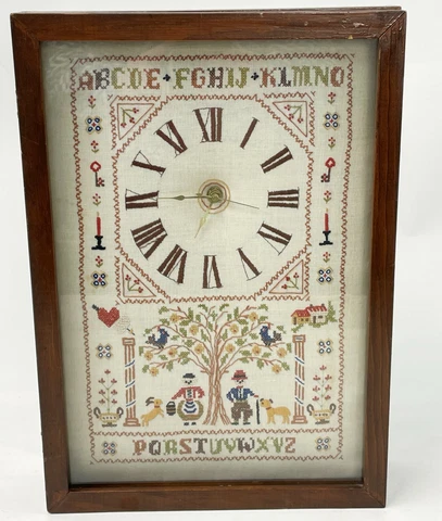 Vintage 16" Handmade German Colonial Style Needlepoint Quartz Hang Wall Clock Cover
