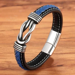 Geometric Stainless Steel Mens Leather Bracelet - Picture 1 of 10