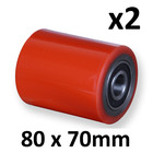 X2 PALLET TRUCK POLYURETHANE  ROLLERS WHEELS / COMPLETE WITH BEARINGS 80x70mm