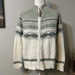 NWT Tiara International Women Fair Isle Full Zip Sweater Sage Green Cream Size L - Picture 1 of 6