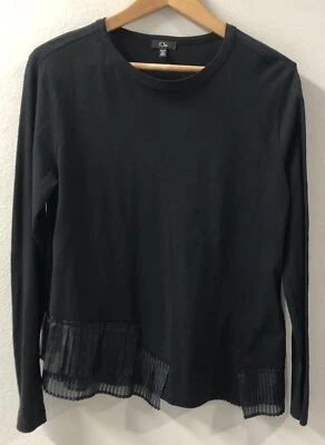 Clu Long Sleeve Cotton Top Black Pleated Hem Trim Asymmetrical Size XS - Image 1 of 4
