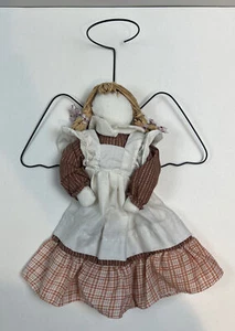 Primitive Cloth Angel Doll Christmas Tree Topper ~ Straw Hair Metal Wings & Halo - Picture 1 of 8
