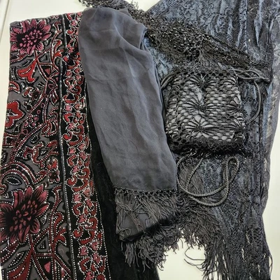 Lote De Colección Bufandas Chifón Cuentas Cartera Crochet Mantón Terciopelo Negro Gótico Hada Foto 1 de 4