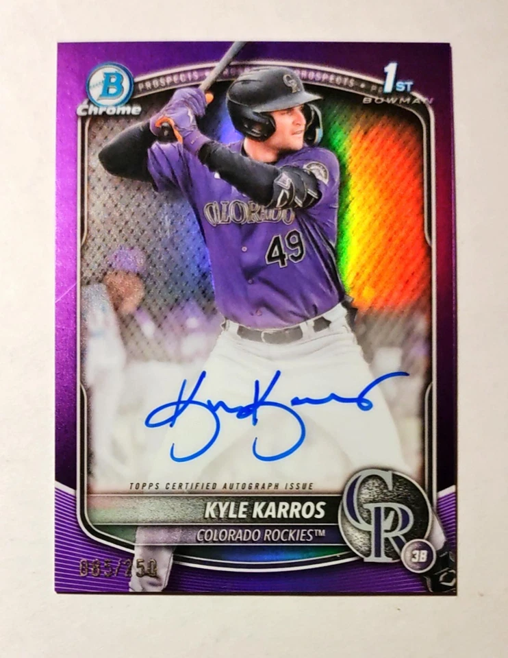 Kyle Karros 2025 1st Bowman Chrome AUTO Prospect PURPLE REFRACTOR 085/250 F6 - Image 1 of 1