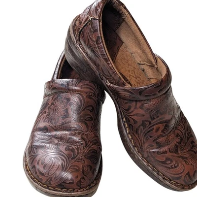 Zapatos Born para mujer 8M zuecos florales de cuero marrón sin cordones cómodos acolchados boho Foto 1 de 4
