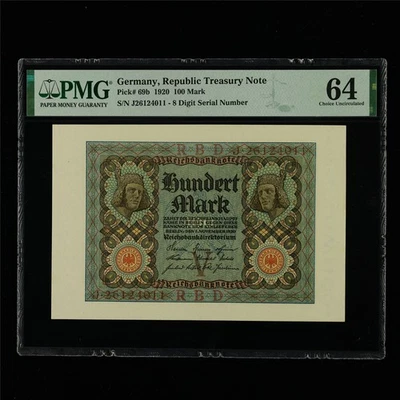 1920 Germany Republic Treasury Note 100 Mark Pick#69b PMG 64 Choice UNC - Image 1 of 4