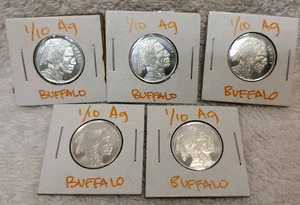5 Stück - 1/10 (0,10) Feinunze Oz .999 Silber Büffelmedaillen. 1/2 Oz Gesamt. - Bild 1 von 2
