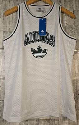 Adidas Originals Tank Jersey LARGE Boys White Mesh JW1980 Green Trim NEW - Image 1 of 4