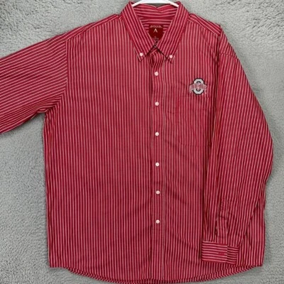 Camisa con botones Ohio State Buckeyes para hombre XL roja blanca a rayas bolsillo Antigua Foto 1 de 4