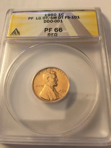 1960 FS-101 D/D LG DT/SM DT ANACS Proof 66 Red Lincoln Memorial Cent Error#1 Cover