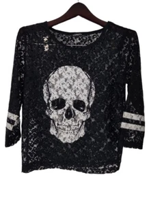 Express Lace Skull Women's Black T-Shirt Size XS 3/4 Sleeve - Picture 1 of 7