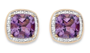 PURPLE AMETHYST DIAMOND ACCENT HALO STUD GP EARRINGS 14K GOLD STERLING SILVER - Picture 1 of 2