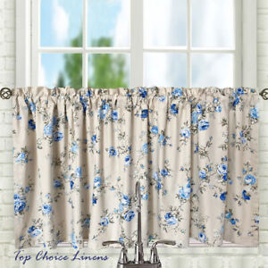 Country Cotton Kitchen Caravan Window Beige/Blue Rose Cafe Curtain Rod Pocket 