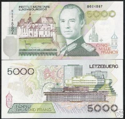 LUXEMBOURG 5000 FRANCS P-60 1996 UNC PRE EURO EUROPEAN DUKE RARE MONEY BANK NOTE - Image 1 of 4