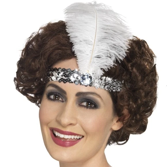 20s 1920s Sequin Flapper Headband & Feather Satin Fancy Dress Silver New Smiffys - Image 1 of 1