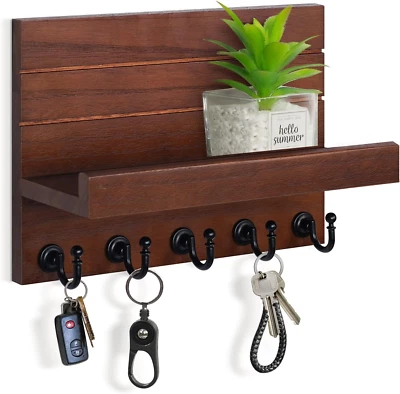 Wall Mounted Mail and Key Holder with Shelf Modern Entryway Organizer Brown - Image 1 of 4