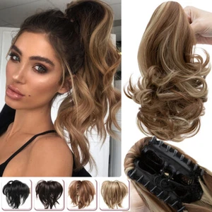 Short Pony Tail Thick Claw Clip Ponytail Bendable Hair Extensions Straight Curly - Picture 1 of 77