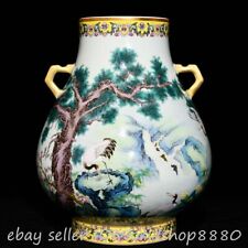 11.4" Qianlong Chinese Colour enamels Porcelain Tree Cranes Zun Bottle Vase