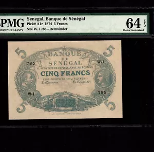 Senegal 5 Franchi 1874 P-A1 * PMG Unc 64 EPQ * Amministrazione Francese * - Foto 1 di 2