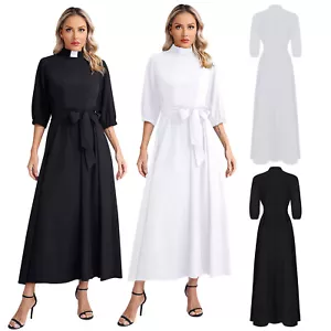 Mujeres Ministro Elegante Iglesia Clero Maxi Vestido con Cuello de Pestaña Cinturón Trajes - Imagen 1 de 30