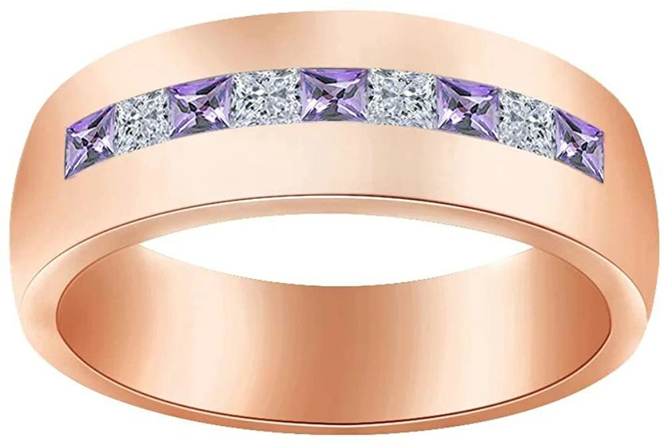 Anillo de boda de amatista de diamantes simulados de corte de proceso enchapado en oro de 14 quilates en plata Foto 1 de 1