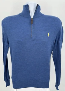 VTG Ralph Lauren Men's Large 100% Merino Wool 1/4 Zip Sweater Pullover Blue - Picture 1 of 6