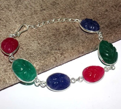 Pulsera Tallada Rosa y Azul Hoja de Calcedonia Verde Ónix Piedras Preciosas 8" GW Foto 1 de 3