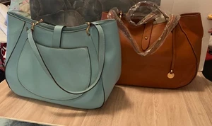 2 Vegan Leather Purse Tote 1 Light Blue Red Interior & 1 Brown Red Interior New - Picture 1 of 9