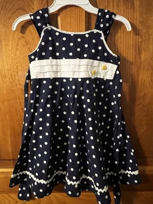 Blueberi Boulevard Dress Girls 6 Navy Polka Dot Flower Accent Wide Straps Vtg - Image 1 of 4