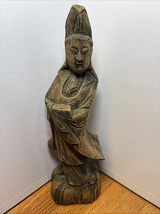 Scultura donna asiatica legno intagliato a mano Guanyin (Kannon) Bodihsattiva 10" - Foto 1 di 6