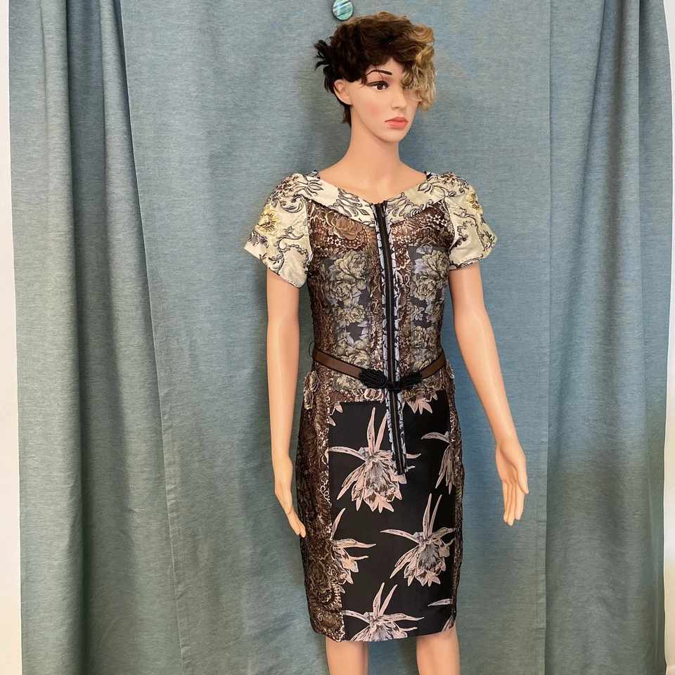 Byron Lars Beguile Anthropologie Talla 6 Marrón Crema Negro Brocado Texturizado  Foto 1 de 4