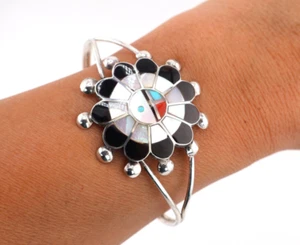 Native American Sun Face Inlay Cuff Bracelet Handcrafted Zuni Jewelry Sz 7in. - Picture 1 of 8