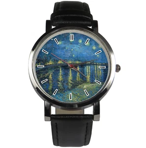 Starry Night Over the Rhône by Vincent van Gogh watch, black/brown strap. Silver - Picture 1 of 8