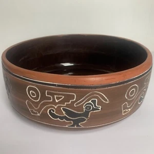 Firmado Armando de México 9.75" Terracota Cerámica Redware Cuenco Pájaros Aztecas - Imagen 1 de 8