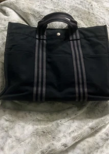 Hermes Fourre large Tote Bag Purse Canvas black / grey Striped Handles - Picture 1 of 11