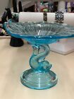 NORTHWOOD Blue/Aqua Opalescent Glass Dolphin Fish Compote Candy Dish 5.5"t, 6"d