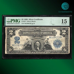 Fr.257 1899 $2 TWO DOLLARS SILVER CERTIFICATE NOTE "MINI PORTHOLE" PMG 15, 96728 - Picture 1 of 2