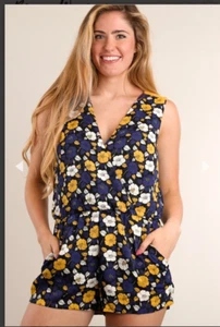 Pagliaccetto Peach Love giallo navy floreale buco della serratura foderato posteriore nuovo donna medio - Foto 1 di 4
