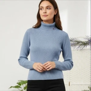 Tommy Hilfiger Dusty Blue Ribbed Cotton Turtleneck Sweater - Picture 1 of 6