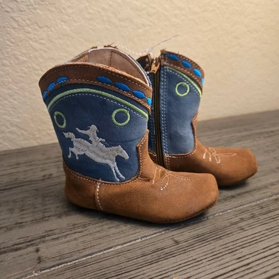 Botas de couro para bebê cowboy/menina tamanho 2 infantil por Shea azul marrom bronco com zíper - Imagem 1 de 4
