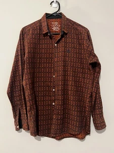 Mens Casual Button Up Shirt Brown Orange Pattern Long Sleeve Size M Vintage Look - Picture 1 of 3