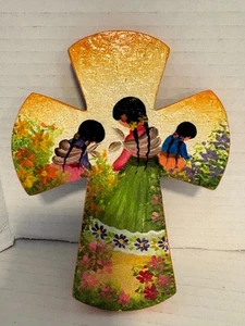 Hand Painted Cross Mother and Daughters Religious 6" x 4.5" - Picture 1 of 2