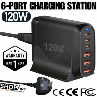 6-Port USB-C Charging Station - 120W GaN Power Hub for Samsung & iPhone Devices - Image 1 of 4
