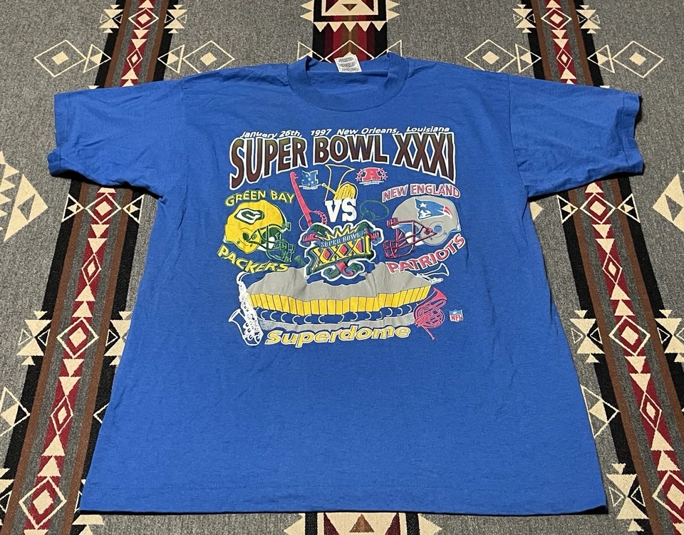 Camiseta azul para hombre Super Bowl XXXI Packers Patriots 1997 vintage talla L T24 Foto 1 de 4