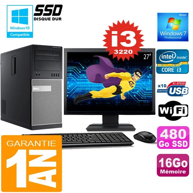 Pc Tour DELL 7010 Core I3-3220 Ram 16Go Disque 480 Go Ssd Wifi W7 Pantalla 27" - Imagen 1 de 1
