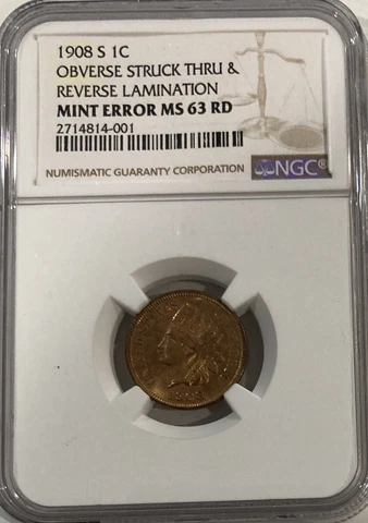 1908-S INDIAN CENT ERROR! RARE ATTRIBUTION! OBV STRUCK THRU & REV LAM! MS-63 RD! Cover