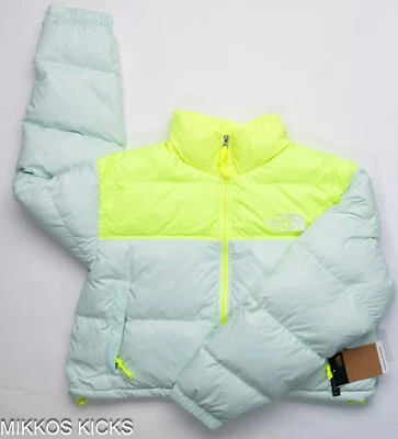 NWT Womens TNF The North Face Nuptse Short Crop 700-Down Jacket - Blue/Yellow - Image 1 of 4
