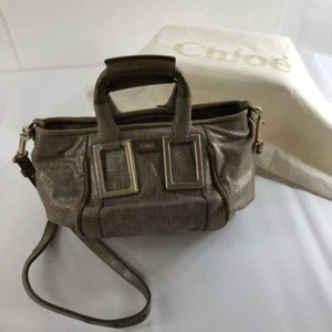 Authentic Chloe Ethel 2way Hand Shouler Bag Small Leather Glitter Gray Beig Used - Imagen 1 de 10