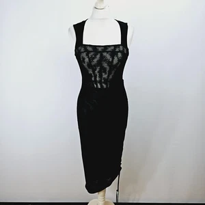 Free People Midi Dress Mesh Bodycon Side Ruched Black Size Small NEW - Picture 1 of 9