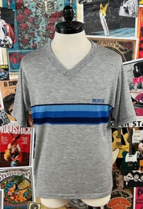 VTG 80s Gray Blue Striped Poly Rayon Busch V-Neck Artex Jostens USA T-Shirt XL - Picture 1 of 9